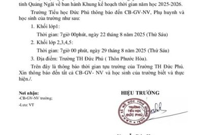 🏫TRƯỜNG TIỂU HỌC ĐỨC PHÚ 🌻🌻🌻  📢📢📢 THÔNG BÁO LỊCH TỰU TRƯỜNG NĂM HỌC 2025-2026.